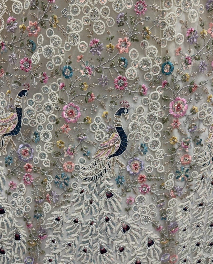 white - Stunning Peacock White Embroidered Crafted Partywear Lehenga Choli with dupatta and blouse 